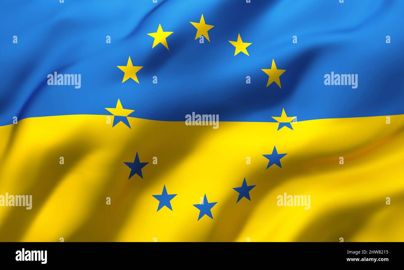 Flag of Ukraine with the stars of European Union flag, blowing in the wind. Full page Ukrainian flying flag. Stock Photo