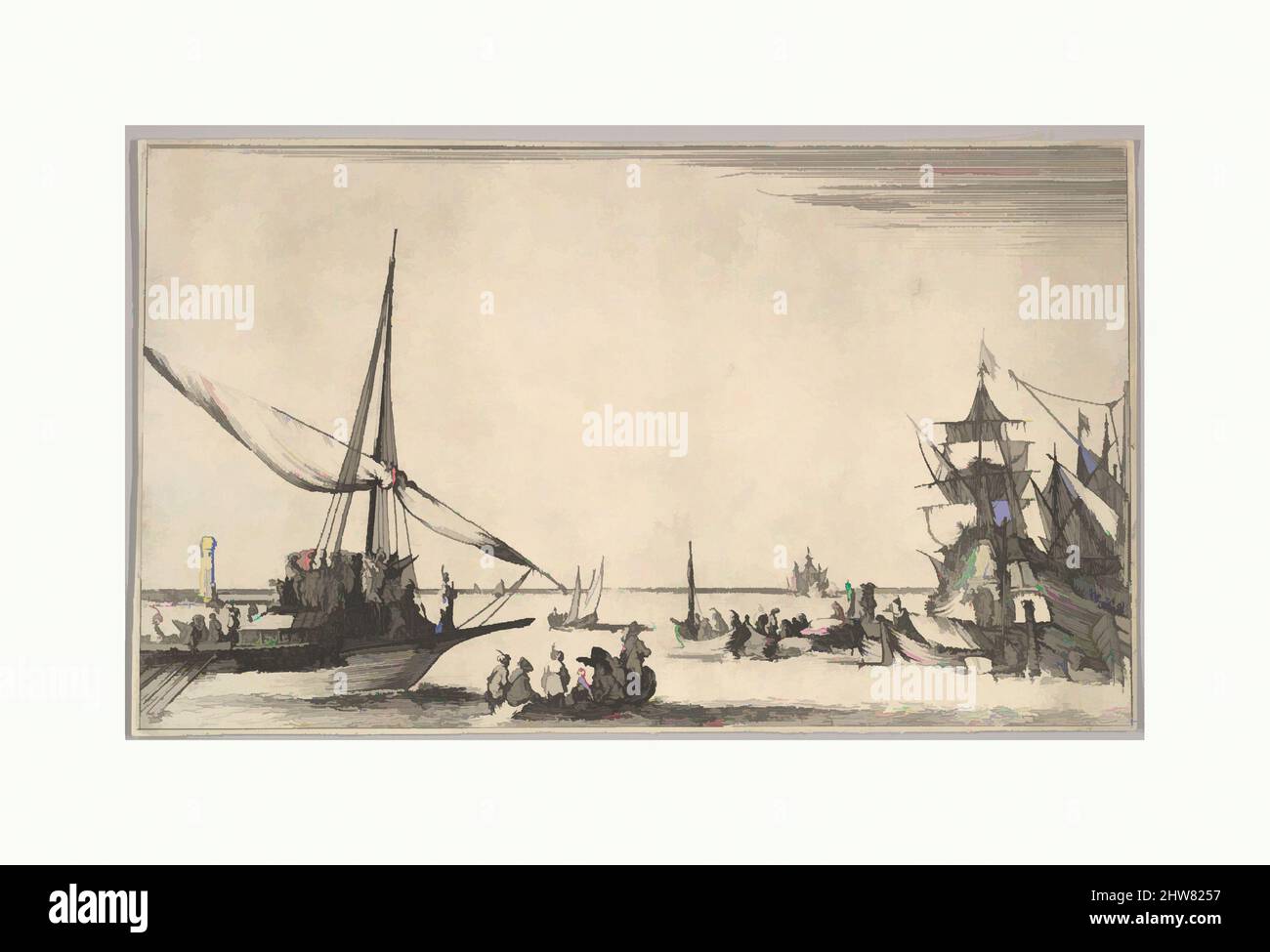 Art inspired by A galley arriving at port to left, several rowboats in center, ships at port to right, from 'Set of eight nautical landscapes' (Suite de huit Marines), 1639, Etching, Sheet: 4 15/16 x 8 1/4 in. (12.5 x 21 cm), Prints, Stefano della Bella (Italian, Florence 1610–1664, Classic works modernized by Artotop with a splash of modernity. Shapes, color and value, eye-catching visual impact on art. Emotions through freedom of artworks in a contemporary way. A timeless message pursuing a wildly creative new direction. Artists turning to the digital medium and creating the Artotop NFT Stock Photo