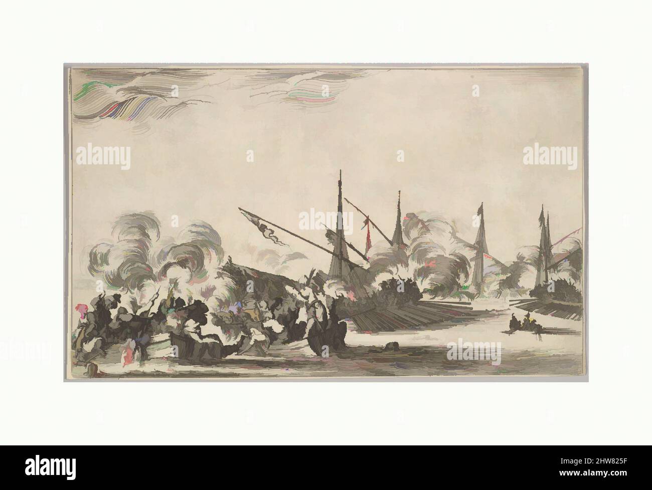 Art inspired by Combat between several rowboats and ships, two groups of men in rowboats fighting to left, two ships full of combatants to right, other ships and clouds of smoke in the background, from 'Set of eight nautical landscapes' (Suite de huit Marines), 1639, Etching, Sheet: 4, Classic works modernized by Artotop with a splash of modernity. Shapes, color and value, eye-catching visual impact on art. Emotions through freedom of artworks in a contemporary way. A timeless message pursuing a wildly creative new direction. Artists turning to the digital medium and creating the Artotop NFT Stock Photo
