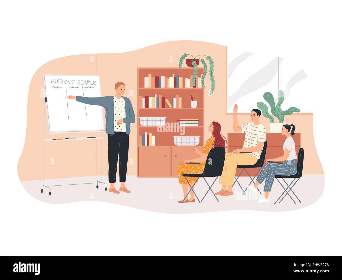 Studying English. A teacher at the whiteboard explains the grammar to the pupils. Stock Vector