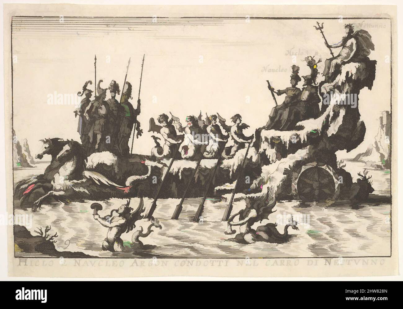Plate 9: Argonauts Hicleus and Naucleus led in the float of Neptune (Hicleo e Naucleo Argon. condotti nel carro di Nattunno), with male sea creatures blowing horns from the water below, from the series 'The magnificent pageant on the river Arno in Florence for the marriage of the Grand Duke' (Le Magnifique carousel fait sur le fleuve de l'Arne a Florence, pour le mariage du Grand Duc), for the wedding celebration of Cosimo de' Medici in Florence, 1608, 1664, Etching, Sheet: 3 9/16 x 5 in. (9 x 12.7 cm), After Remigio Cantagallina (Italian, Borgo Sansepolcro ca. 1582–1656 Florence) Stock Photo