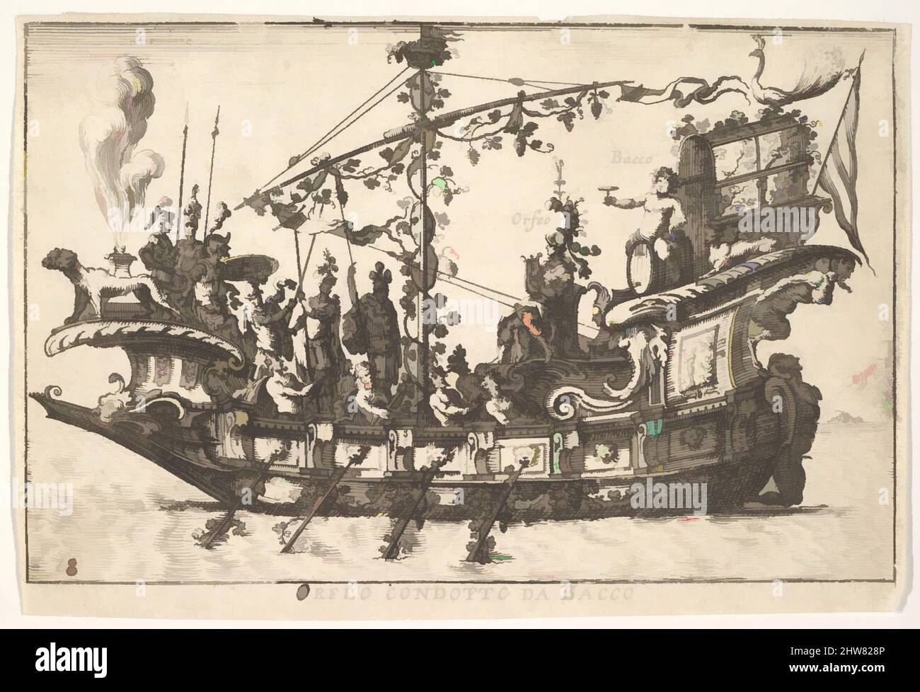 Plate 18: Orpheus led by Bacchus (Orfeo condotto da Bacco), from the series 'The magnificent pageant on the river Arno in Florence for the marriage of the Grand Duke' (Le Magnifique carousel fait sur le fleuve de l'Arne a Florence, pour le mariage du Grand Duc), for the wedding celebration of Cosimo de' Medici in Florence, 1608, 1664, Etching, Sheet: 3 7/16 x 5 1/8 in. (8.8 x 13 cm), After Remigio Cantagallina (Italian, Borgo Sansepolcro ca. 1582–1656 Florence) Stock Photo