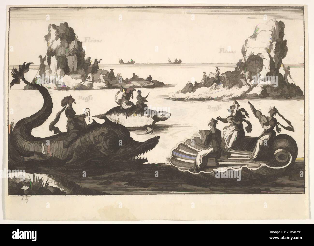 Plate 15: Rivers and goddesses, with floating islands guided by pole bearers, female figures seated on a dolphin and a tortoise, and three female musicians seated on a floating scallop shell , from the series 'The magnificent pageant on the river Arno in Florence for the marriage of the Grand Duke' (Le Magnifique carousel fait sur le fleuve de l'Arne a Florence, pour le mariage du Grand Duc), for the wedding celebration of Cosimo de' Medici in Florence, 1608, 1664, Etching, Sheet: 3 5/8 x 5 1/16 in. (9.2 x 12.9 cm), After Remigio Cantagallina (Italian, Borgo Sansepolcro ca. 1582–1656 Florence) Stock Photo