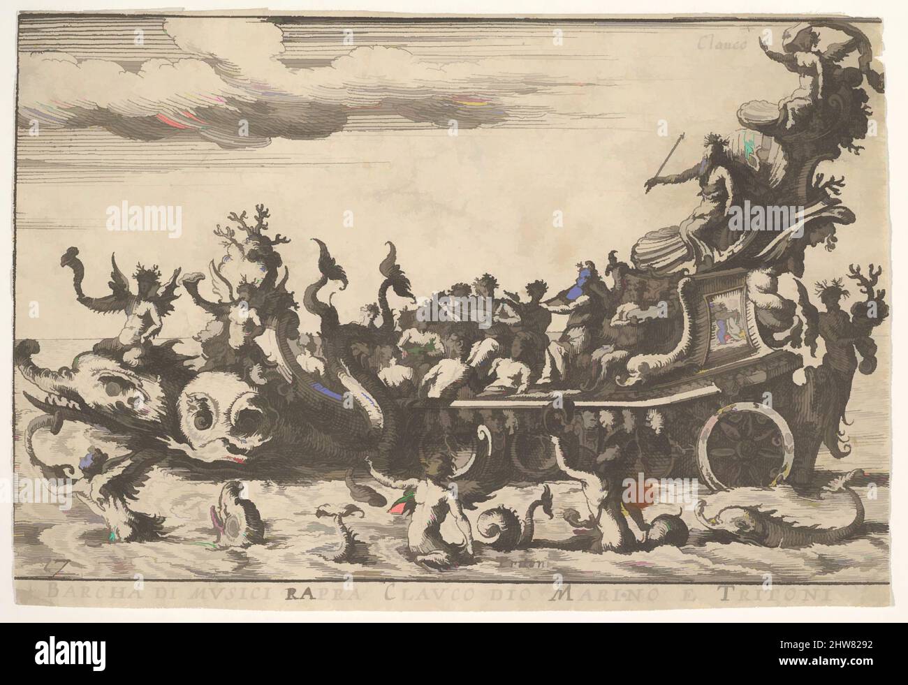 Plate 16: Ship of musicians with the sea god Claucus and tritons (Barcha di musici rapra Clauco dio marino e Tritoni), from the series 'The magnificent pageant on the river Arno in Florence for the marriage of the Grand Duke' (Le Magnifique carousel fait sur le fleuve de l'Arne a Florence, pour le mariage du Grand Duc), for the wedding celebration of Cosimo de' Medici in Florence, 1608, 1664, Etching, Sheet: 3 1/4 x 4 13/16 in. (8.3 x 12.2 cm), After Remigio Cantagallina (Italian, Borgo Sansepolcro ca. 1582–1656 Florence) Stock Photo