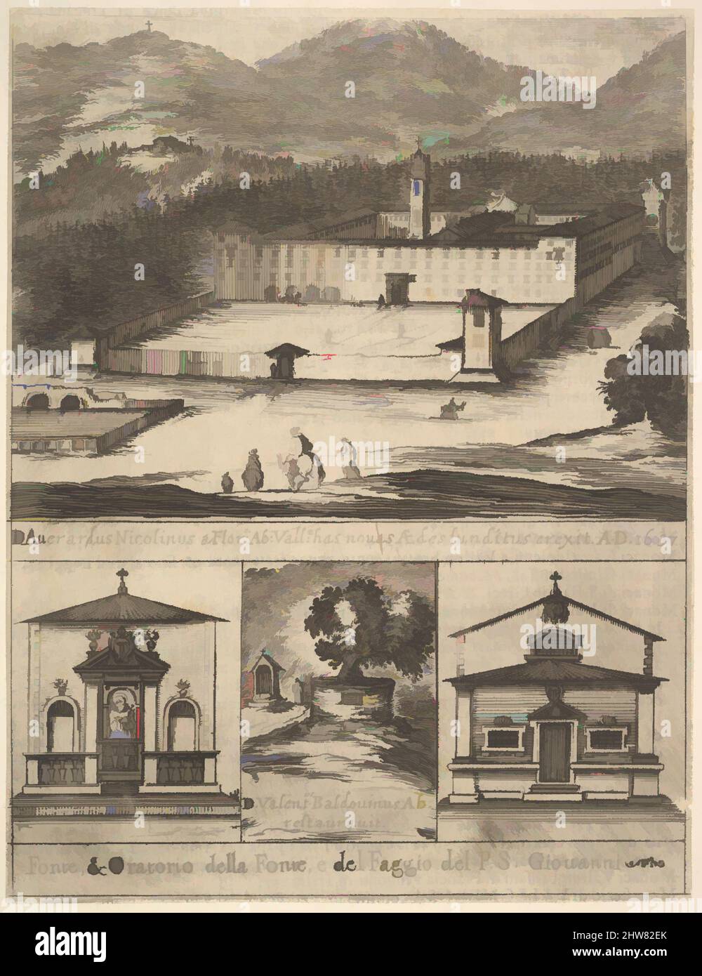 Art inspired by Four views: at top, a view of the new monastery of Vallombrosa, at bottom left and right, a view of a chapel, at bottom center, the tree of St. John Gualbert, from 'Frontispiece and four scenes from the life of Saint John Gualbert' (Frontispice et quatre vignettes pour, Classic works modernized by Artotop with a splash of modernity. Shapes, color and value, eye-catching visual impact on art. Emotions through freedom of artworks in a contemporary way. A timeless message pursuing a wildly creative new direction. Artists turning to the digital medium and creating the Artotop NFT Stock Photo