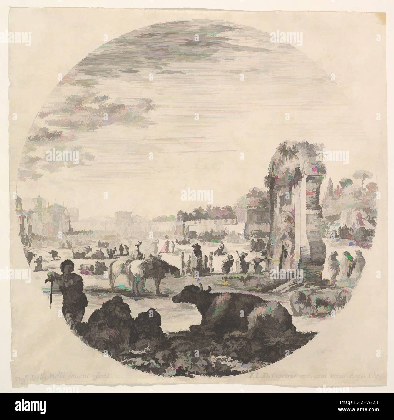 Art inspired by Plate 2: Campo Vaccino, a buffalo and two shepherds in center, the Fontanone to right in the middleground, various animals and people in the background, a round composition, from 'Roman landscapes and ruins' (Paysages et ruines de Rome), ca. 1643–48, Etching, Sheet: 5 5, Classic works modernized by Artotop with a splash of modernity. Shapes, color and value, eye-catching visual impact on art. Emotions through freedom of artworks in a contemporary way. A timeless message pursuing a wildly creative new direction. Artists turning to the digital medium and creating the Artotop NFT Stock Photo
