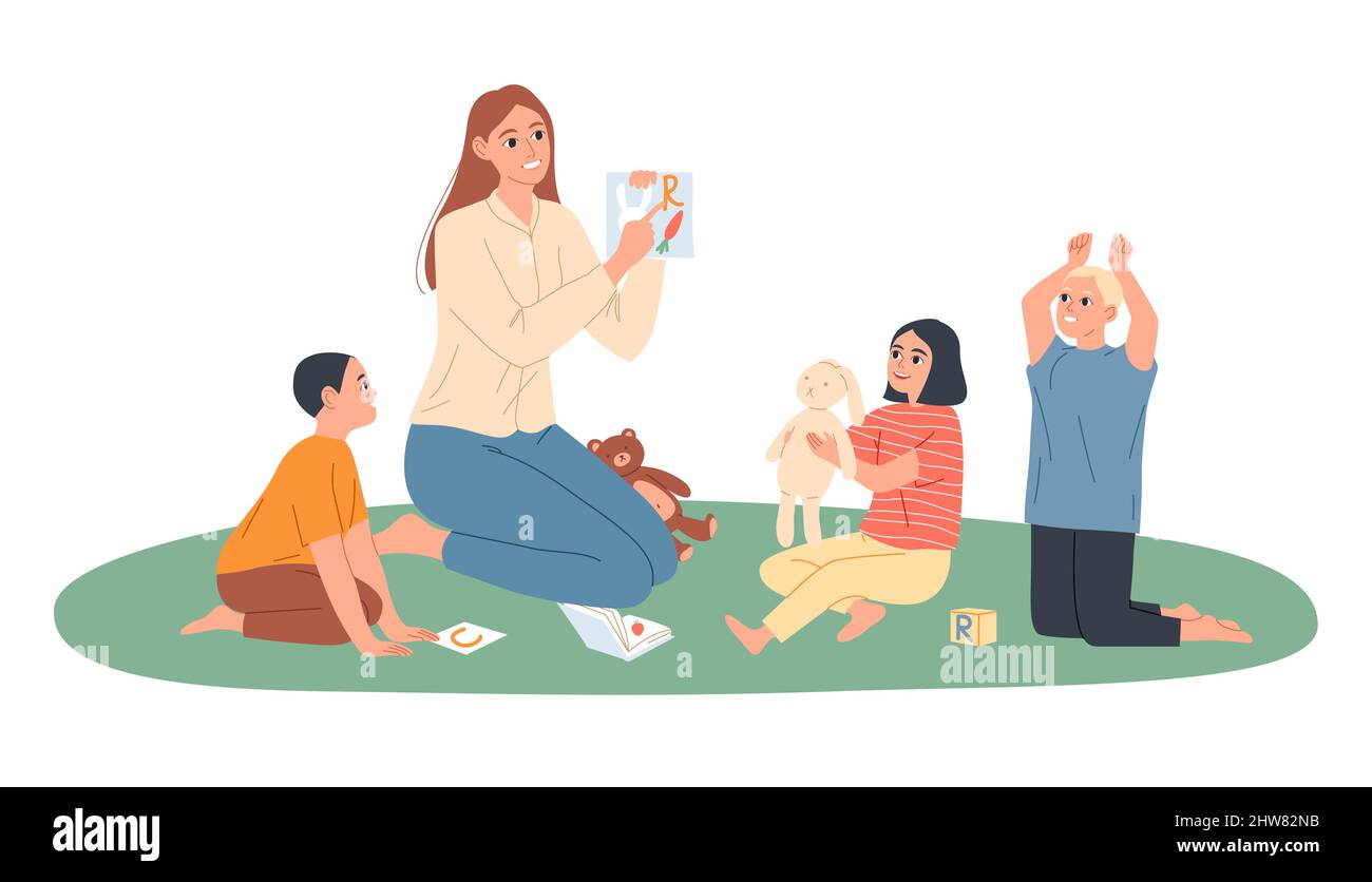 Kindergarten teacher plays with children, she shows them pictures with letters Stock Vector