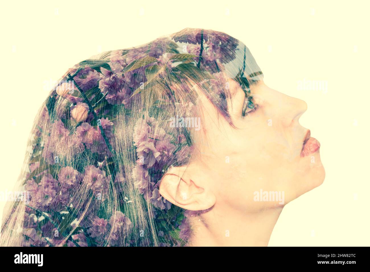 Portrait of a woman. Face in profile. Double exposure. Flowers Stock ...