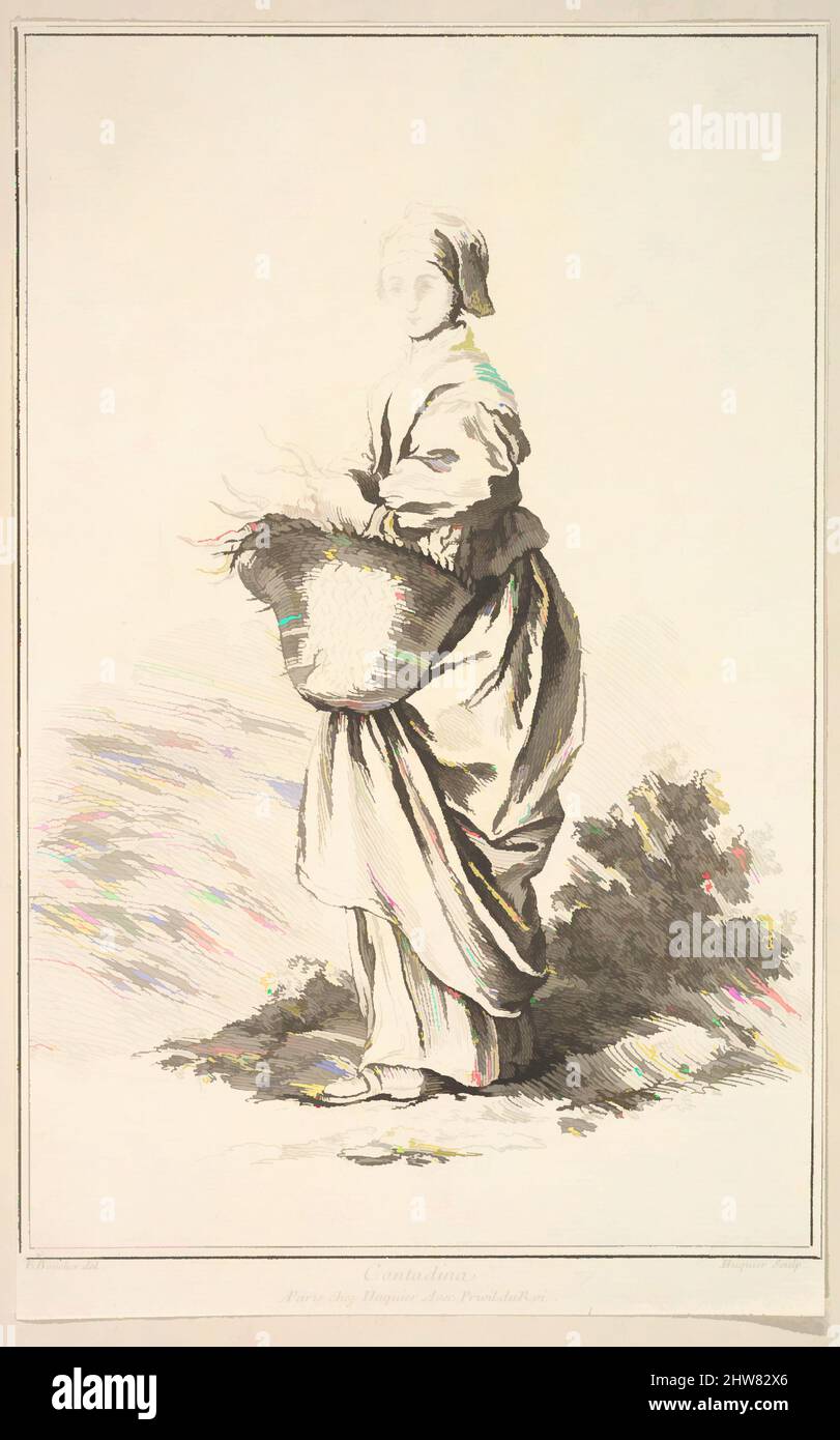 Art inspired by Contadina, from Recueil de diverses fig.res étrangeres Inventées par F. Boucher P.tre du Roy et Gravées par F. Ravenet (Collection of Various Foreign Figures, Devised by F. Boucher, Painter of the King and Engraved etched by F. Ravenet), plate 11, 18th century, Etching, Classic works modernized by Artotop with a splash of modernity. Shapes, color and value, eye-catching visual impact on art. Emotions through freedom of artworks in a contemporary way. A timeless message pursuing a wildly creative new direction. Artists turning to the digital medium and creating the Artotop NFT Stock Photo