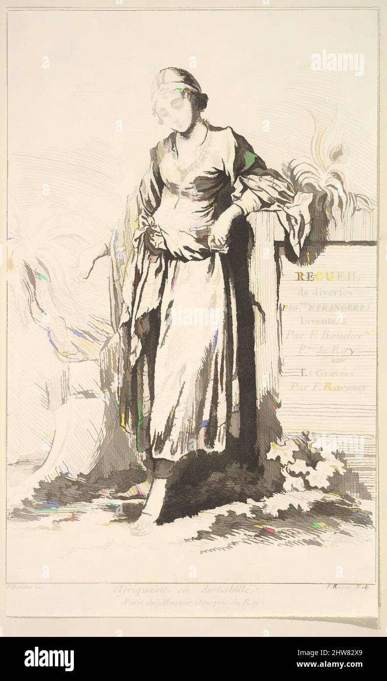 Art inspired by Afriquaine en deshabillé, from Recueil de diverses fig.res étrangeres Inventées par F. Boucher P.tre du Roy et Gravées par F. Ravenet (Collection of Various Foreign Figures, Devised by F. Boucher, Painter of the King and Engraved etched by F. Ravenet), plate 1, 18th, Classic works modernized by Artotop with a splash of modernity. Shapes, color and value, eye-catching visual impact on art. Emotions through freedom of artworks in a contemporary way. A timeless message pursuing a wildly creative new direction. Artists turning to the digital medium and creating the Artotop NFT Stock Photo
