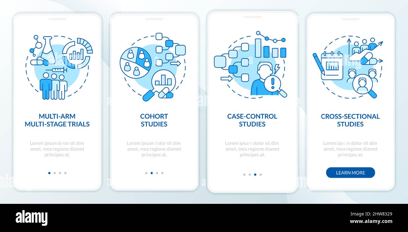 Clinical studies types blue onboarding mobile app screen Stock Vector ...