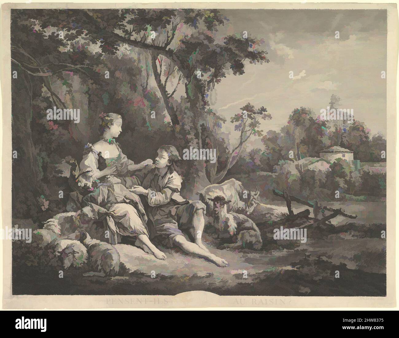 Art inspired by Pensant-ils au Raisin? (Are They Thinking About the Grape?), 18th century, Etching and engraving, Sheet: 14 1/8 x 18 1/8 in. (35.8 x 46 cm), Prints, Jacques Philippe Le Bas (French, Paris 1707–1783 Paris), After François Boucher (French, Paris 1703–1770 Paris, Classic works modernized by Artotop with a splash of modernity. Shapes, color and value, eye-catching visual impact on art. Emotions through freedom of artworks in a contemporary way. A timeless message pursuing a wildly creative new direction. Artists turning to the digital medium and creating the Artotop NFT Stock Photo