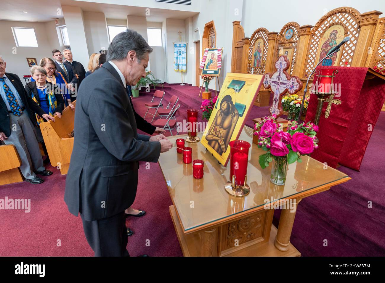 Secretary of State Antony J. Blinken visits the Ukrainian Catholic National Shrine to the Holy Family with Archbishop Borys Gudziak and Ukrainian Ambassador to the U.S. Oksana Markarova in Washington, D.C., on March 2, 2022. Stock Photo