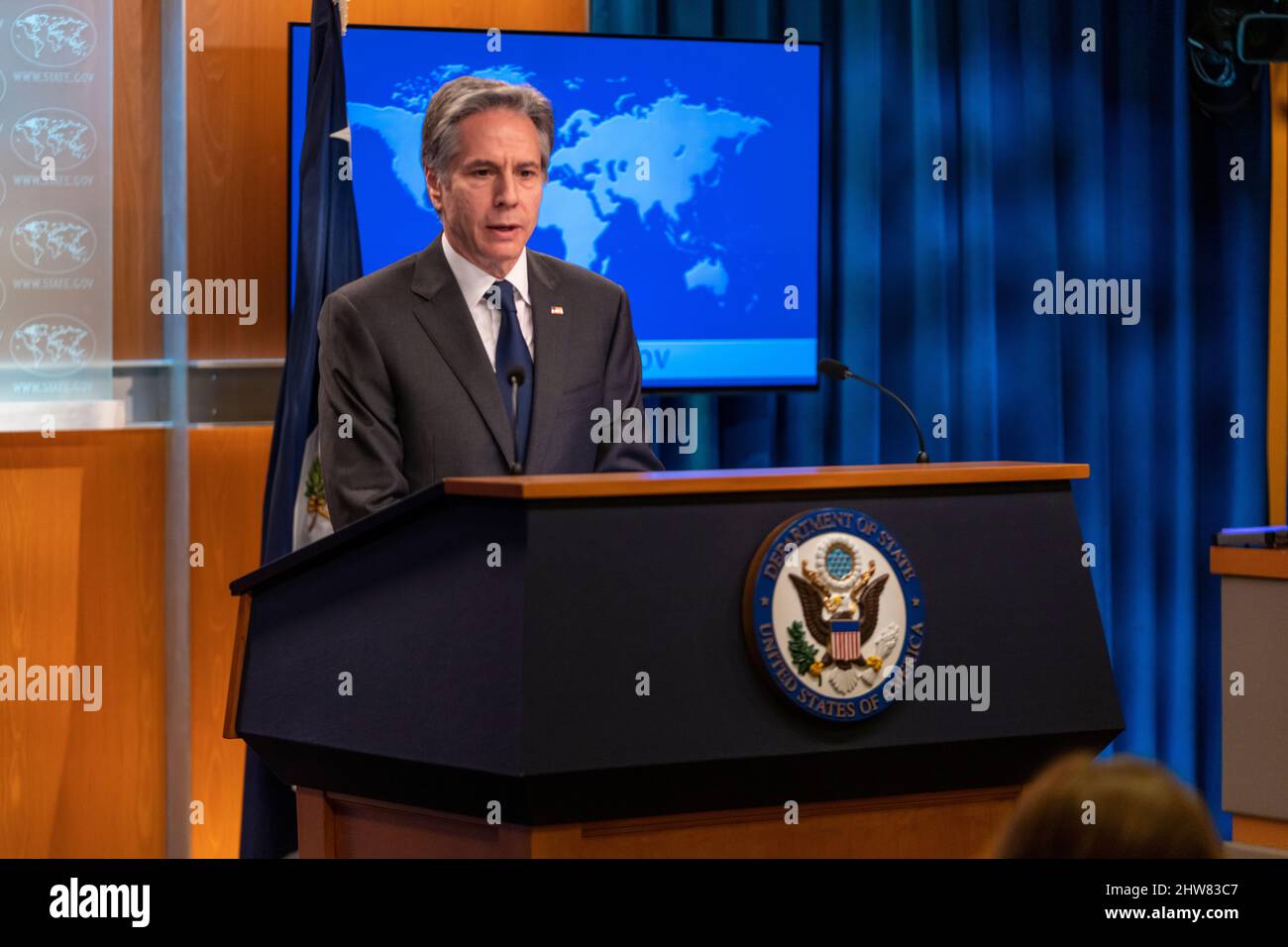 Secretary of State Antony J. Blinken delivers remarks to the press at the U.S. Department of State in Washington, D.C., on March 2, 2022. Stock Photo