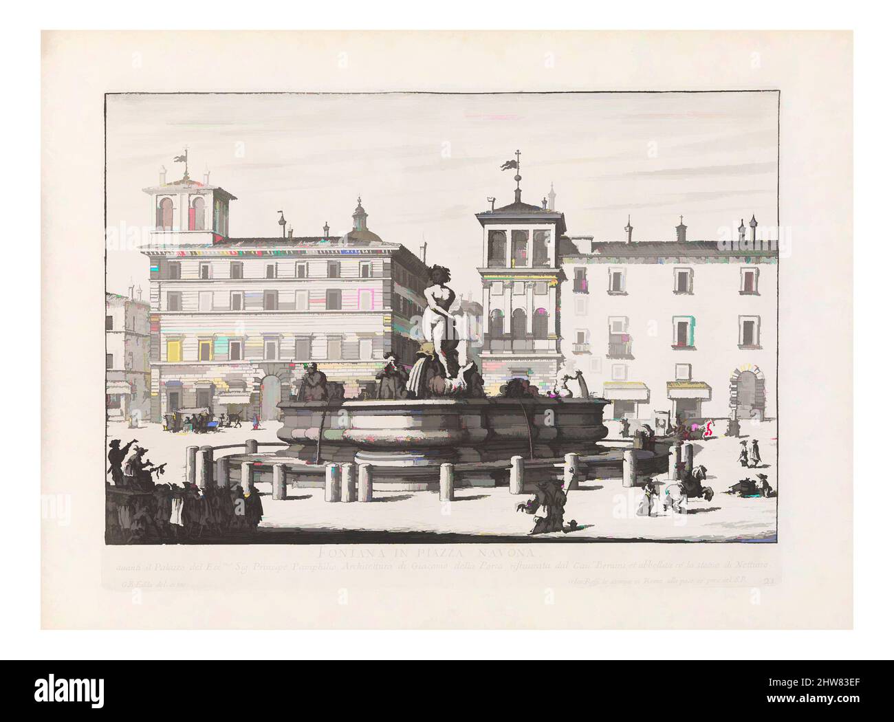 Art inspired by Fontana in Piazza Navona Fontana del Moro. From 'La Fontane di Roma nelle Piazze e Luoghi Publici (...)'., 1691 or after, Etching, Plate: 8 1/4 x 11 1/4 in. (21 x 28.6 cm), Giovanni Battista Falda (Italian, Valduggia 1643–1678 Rome), View of the Fountain of the Moor on, Classic works modernized by Artotop with a splash of modernity. Shapes, color and value, eye-catching visual impact on art. Emotions through freedom of artworks in a contemporary way. A timeless message pursuing a wildly creative new direction. Artists turning to the digital medium and creating the Artotop NFT Stock Photo