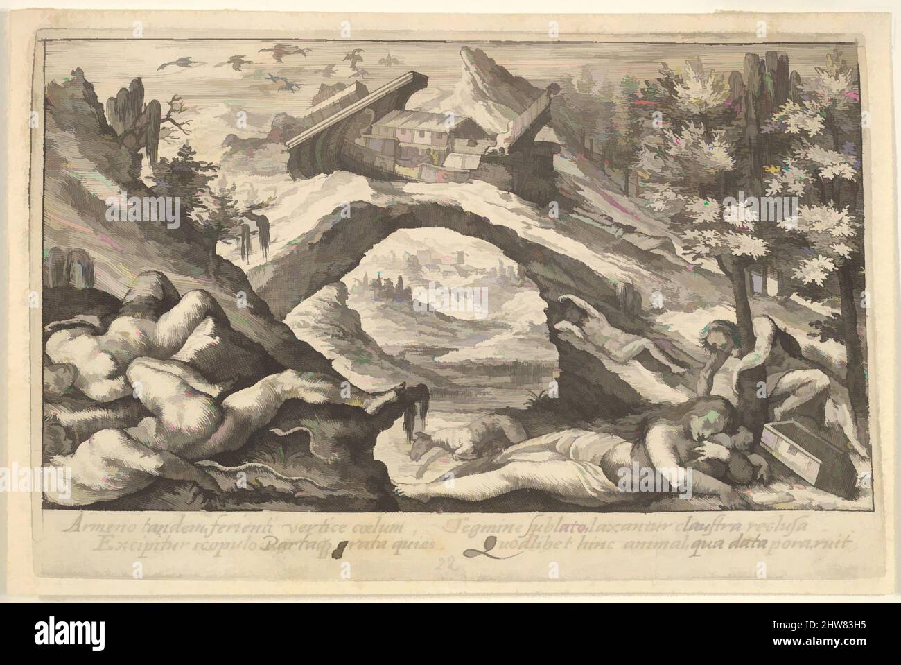 Art inspired by Aftermath of the Flood: human bodies strewn on dry land in the foreground, Noah's ark moored on a rocky outcrop beyond, from a series of engravings for the 'Liber Genesis', 1612, Engraving, Sheet: 3 1/2 x 5 5/16 in. (8.9 x 13.5 cm), Prints, Crispijn de Passe the Elder (, Classic works modernized by Artotop with a splash of modernity. Shapes, color and value, eye-catching visual impact on art. Emotions through freedom of artworks in a contemporary way. A timeless message pursuing a wildly creative new direction. Artists turning to the digital medium and creating the Artotop NFT Stock Photo