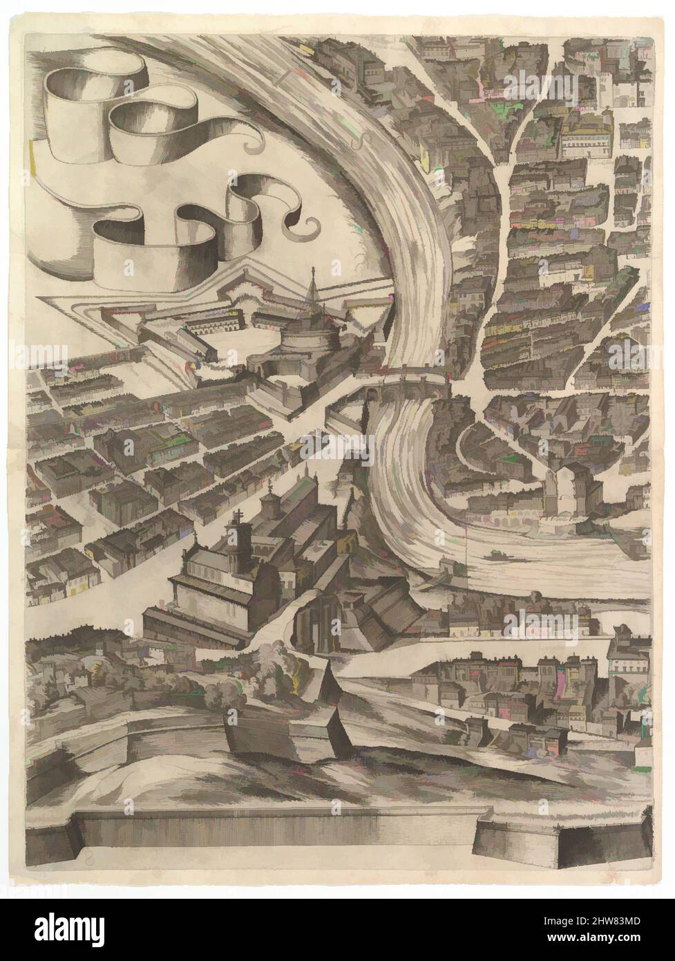 Art inspired by Plan of the City of Rome. Part 8 with the Castel Sant'Angelo, 1645, Etching with some engraving, undescribed state., Sheet: 21 x 16 5/16 in. (53.3 x 41.5 cm), Prints, Antonio Tempesta (Italian, Florence 1555–1630 Rome), Part of the lower half of the map showing a, Classic works modernized by Artotop with a splash of modernity. Shapes, color and value, eye-catching visual impact on art. Emotions through freedom of artworks in a contemporary way. A timeless message pursuing a wildly creative new direction. Artists turning to the digital medium and creating the Artotop NFT Stock Photo
