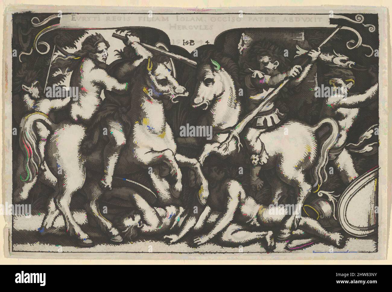 Art inspired by Hercules Raping Jole from The Labors of Hercules, 1544, Engraving, Prints, Sebald Beham (German, Nuremberg 1500–1550 Frankfurt, Classic works modernized by Artotop with a splash of modernity. Shapes, color and value, eye-catching visual impact on art. Emotions through freedom of artworks in a contemporary way. A timeless message pursuing a wildly creative new direction. Artists turning to the digital medium and creating the Artotop NFT Stock Photo