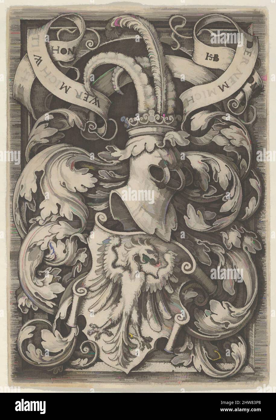 Art inspired by Coat of Arms with an Eagle Surrounded by Foliage, 1543, Engraving, Sheet: 2 7/8 x 2 in. (7.3 x 5.1 cm), Sebald Beham (German, Nuremberg 1500–1550 Frankfurt), Design for a coat of arms with an eagle. Above the escutcheon, a crowned helm with ibex horns and a feather, Classic works modernized by Artotop with a splash of modernity. Shapes, color and value, eye-catching visual impact on art. Emotions through freedom of artworks in a contemporary way. A timeless message pursuing a wildly creative new direction. Artists turning to the digital medium and creating the Artotop NFT Stock Photo