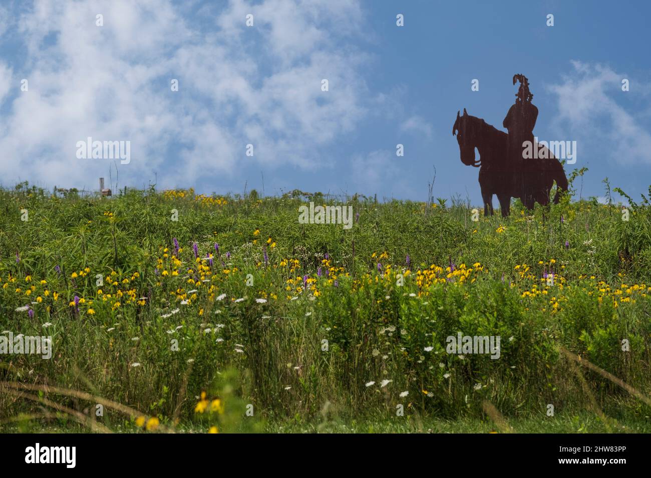Indian Brave Sculpture in Prarie Grassland and Wildflowers, Missouri Welcome Center, Highway I-35. Stock Photo