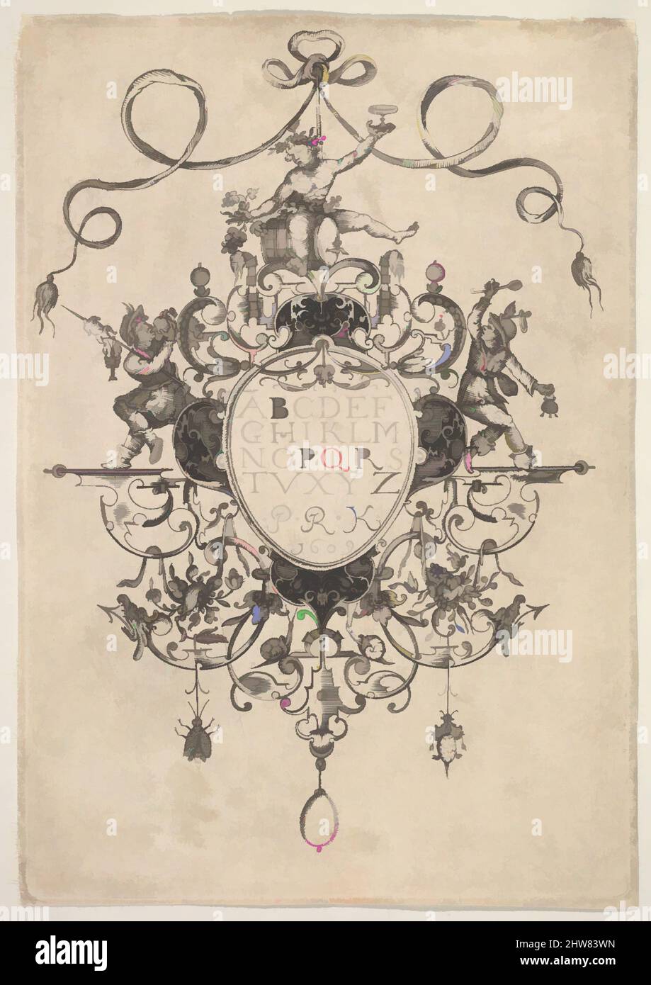 Art inspired by Design for a Pendant with the Alphabet, 1609, Engraving and blackwork, Plate: 5 5/16 x 3 11/16 in. (13.5 x 9.4 cm), Master P.R.K (Dutch, ca. 1609–1617), Design for a pendant in fine goldsmiths work. The pendant is hanging from a ribbon and has an oval central, Classic works modernized by Artotop with a splash of modernity. Shapes, color and value, eye-catching visual impact on art. Emotions through freedom of artworks in a contemporary way. A timeless message pursuing a wildly creative new direction. Artists turning to the digital medium and creating the Artotop NFT Stock Photo