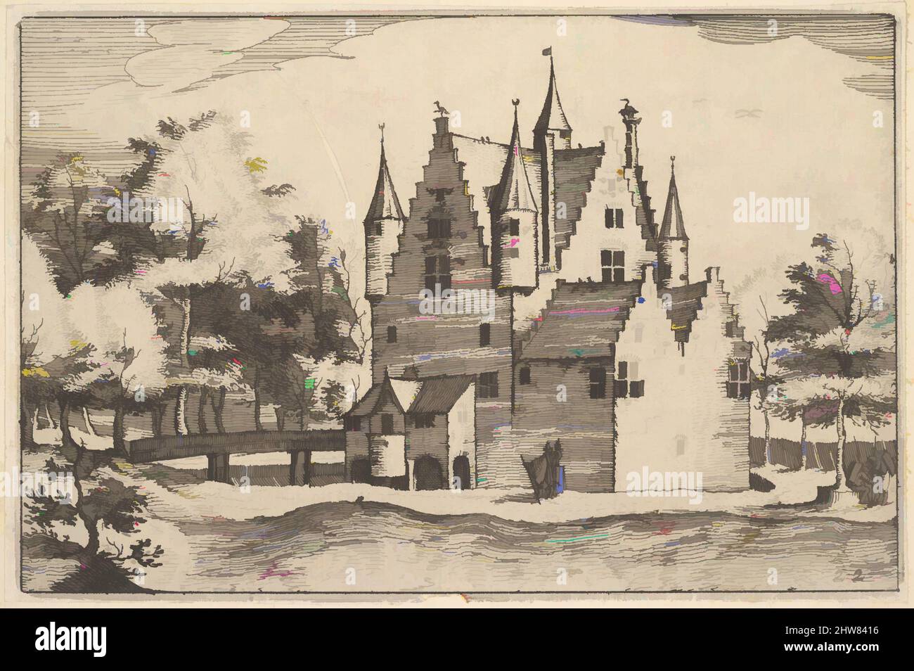 Art inspired by A Castle from Regiunculae et Villae Aliquot Ducatus Brabantiae, ca. 1610, Etching, Plate: 4 1/8 x 6 3/16 in. (10.5 x 15.7 cm), Prints, Claes Jansz. Visscher (Dutch, Amsterdam 1586–1652 Amsterdam), After The Master of the Small Landscapes (Netherlandish, 16th century, Classic works modernized by Artotop with a splash of modernity. Shapes, color and value, eye-catching visual impact on art. Emotions through freedom of artworks in a contemporary way. A timeless message pursuing a wildly creative new direction. Artists turning to the digital medium and creating the Artotop NFT Stock Photo