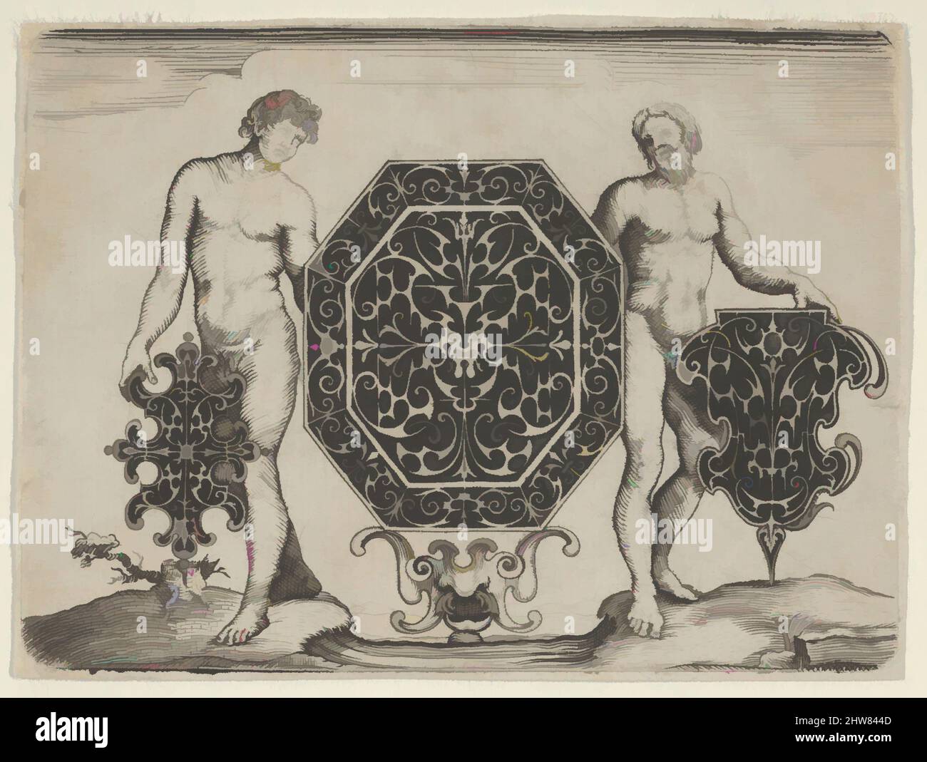 Art inspired by Octagonal Case and Two Other Motifs Held by Ignudi, 1622, Blackwork and Engraving, Plate: 3 1/16 x 4 3/16 in. (7.8 x 10.6 cm), Print from a series of six with goldsmith's designs in blackwork. This print shows three designs for goldsmith's work, placed in a landscape, Classic works modernized by Artotop with a splash of modernity. Shapes, color and value, eye-catching visual impact on art. Emotions through freedom of artworks in a contemporary way. A timeless message pursuing a wildly creative new direction. Artists turning to the digital medium and creating the Artotop NFT Stock Photo