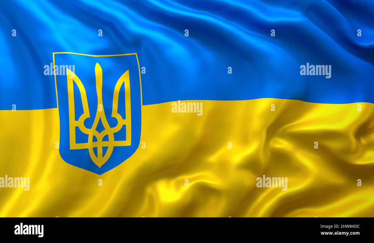 Flag of Ukraine with coat of arms, blowing in the wind. Full page Ukrainian flying flag. Stock Photo