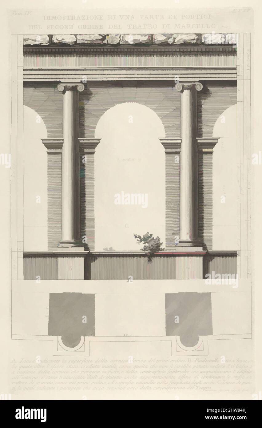 Art inspired by Elevation and plan of the second-order portico at the Theater of Marcellus (Teatro di Marcello), Rome, from the series 'Le Antichità Romane', 1756, Etching, Sheet: 20 1/2 x 14 5/8 in. (52 x 37.2 cm), Giovanni Battista Piranesi (Italian, Mogliano Veneto 1720–1778 Rome, Classic works modernized by Artotop with a splash of modernity. Shapes, color and value, eye-catching visual impact on art. Emotions through freedom of artworks in a contemporary way. A timeless message pursuing a wildly creative new direction. Artists turning to the digital medium and creating the Artotop NFT Stock Photo