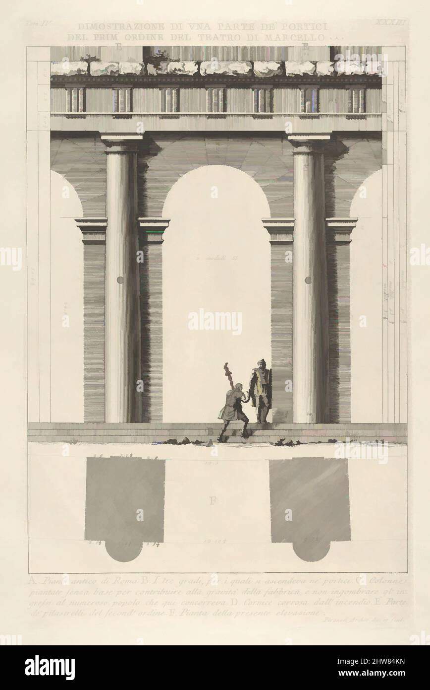 Art inspired by Partial elevation and plan of the first-order portico at the Theater of Marcellus (Dimostrazione di una parte de' portici del prim' ordine del Teatro di Marcello), from 'Le Antichità Romane', 1756, Etching, Sheet: 20 1/2 x 14 5/8 in. (52 x 37.2 cm), Giovanni Battista, Classic works modernized by Artotop with a splash of modernity. Shapes, color and value, eye-catching visual impact on art. Emotions through freedom of artworks in a contemporary way. A timeless message pursuing a wildly creative new direction. Artists turning to the digital medium and creating the Artotop NFT Stock Photo