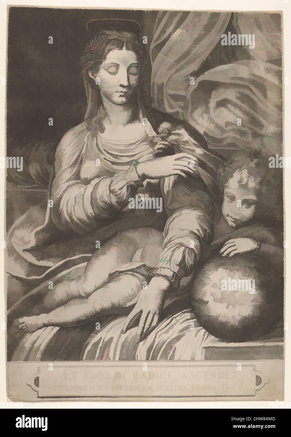 Art inspired by Madonna of the Rose, the Madonna reaches for a rose upheld by the child, who reclines on a drapery and rests his left arm on a globe, 1516, Engraving, Sheet: 18 11/16 x 13 5/16 in. (47.5 x 33.8 cm), Prints, Domenico Tibaldi (Italian, 1541–1583 (active Bologna)), After, Classic works modernized by Artotop with a splash of modernity. Shapes, color and value, eye-catching visual impact on art. Emotions through freedom of artworks in a contemporary way. A timeless message pursuing a wildly creative new direction. Artists turning to the digital medium and creating the Artotop NFT Stock Photo