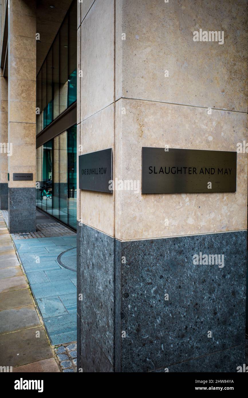 Slaughter and May London - Slaughter & May is an international law firm headquartered in Bunhill Row, London. Magic Circle Law Firm. Stock Photo