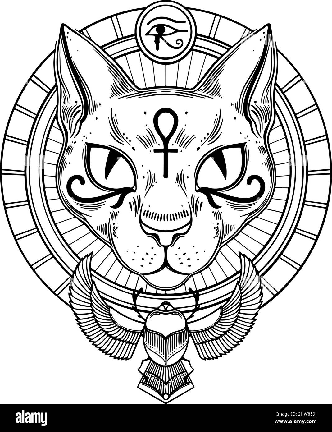 Egyptian goddess cat Bastet with sacred symbols of ankh and scarab. Vector illustration Stock Vector
