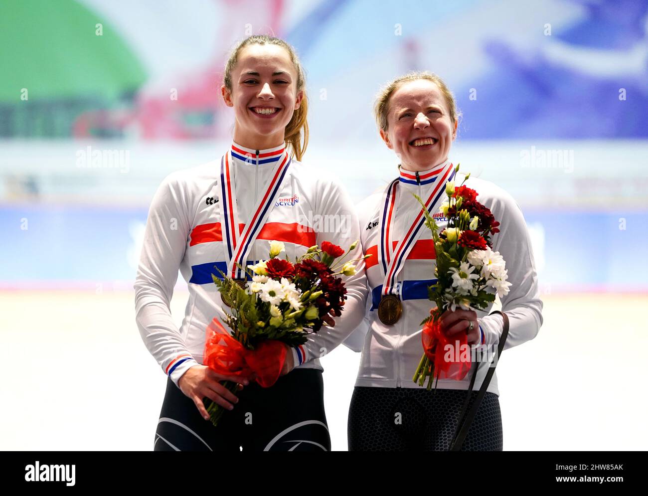 Lora Fachie MBE (right) and pilot Georgia Holt celebrate with their medals after winning the Tandem Sprint Championship during day two of the HSBC UK National Track Championships at the Geraint Thomas National Velodrome, Newport. Stock Photo