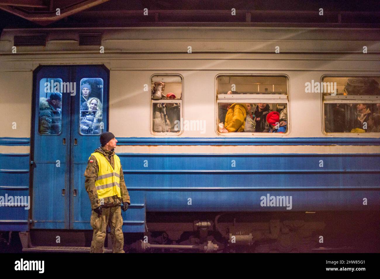 Przemysl, Poland. 03rd Mar, 2022. A train is seen that arrived from Ukraine to Przemysl train station. On the 8th day of the Russian invasion in Ukraine thousands of exhausted refugees fleeing war are arriving to the Polish border town of Przemysl. Credit: SOPA Images Limited/Alamy Live News Stock Photo