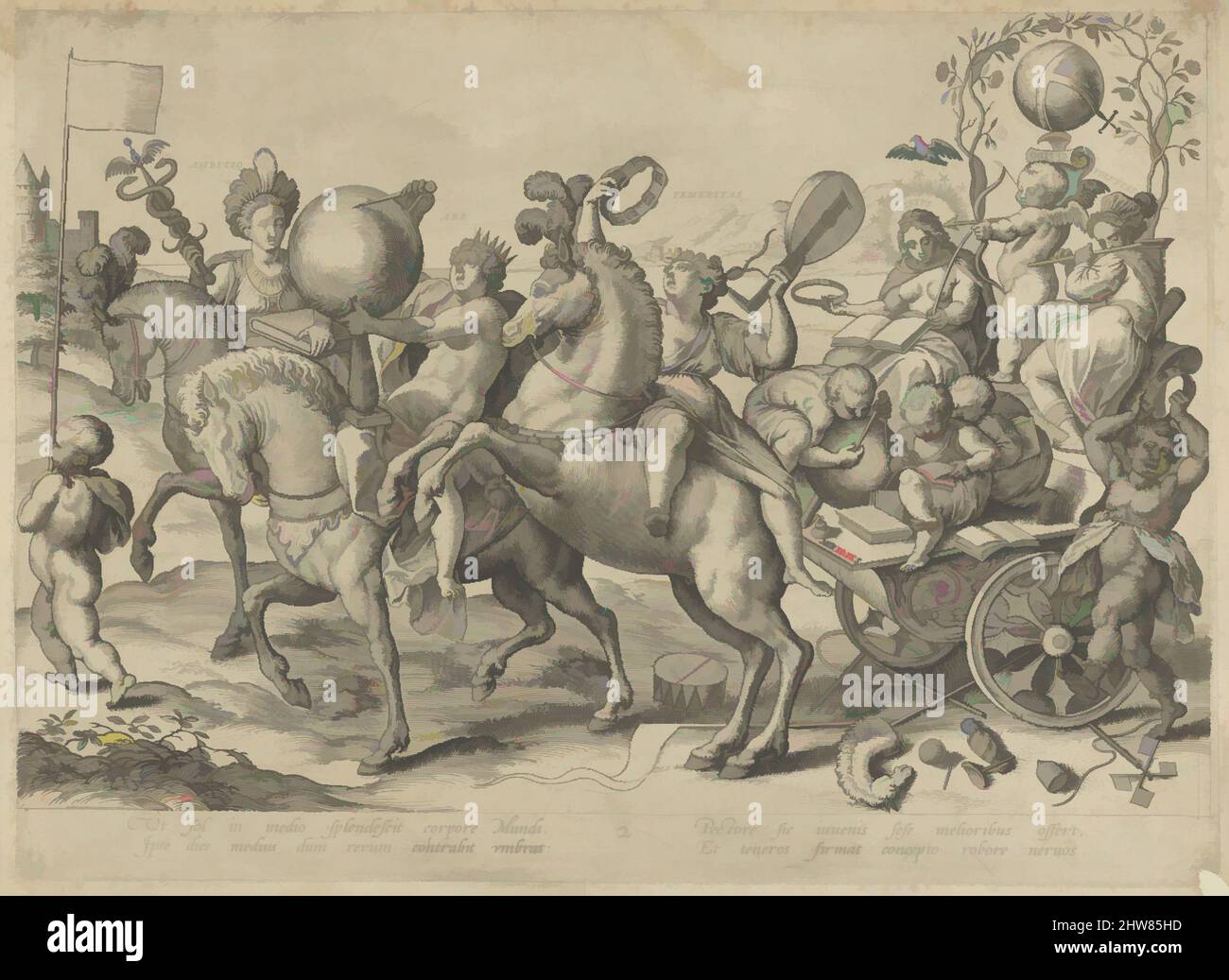 Art inspired by Youth (Midday) from The Four Ages of Man and Death with the Last Judgment, Before 1619, Engraving; state before Hollstein's first state of two (before astrological symbols added to the flag on left), Sheet: 9 x 12 5/16 in. (22.8 x 31.2 cm), Prints, Hieronymus (Jerome, Classic works modernized by Artotop with a splash of modernity. Shapes, color and value, eye-catching visual impact on art. Emotions through freedom of artworks in a contemporary way. A timeless message pursuing a wildly creative new direction. Artists turning to the digital medium and creating the Artotop NFT Stock Photo