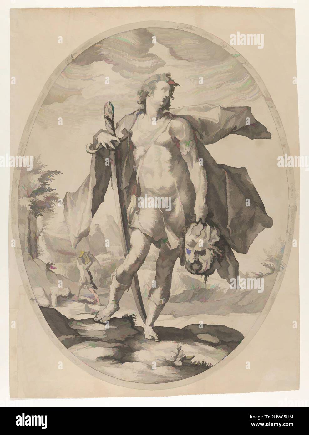 Art inspired by David from Heroes and Heroines of the Old Testament, ca. 1597, Engraving, Sheet: 17 1/2 x 13 in. (44.5 x 33 cm), Prints, Nicolaes Braeu (Netherlandish, active Haarlem, ca. 1586–died 1600), After Hendrick Goltzius (Netherlandish, Mühlbracht 1558–1617 Haarlem, Classic works modernized by Artotop with a splash of modernity. Shapes, color and value, eye-catching visual impact on art. Emotions through freedom of artworks in a contemporary way. A timeless message pursuing a wildly creative new direction. Artists turning to the digital medium and creating the Artotop NFT Stock Photo
