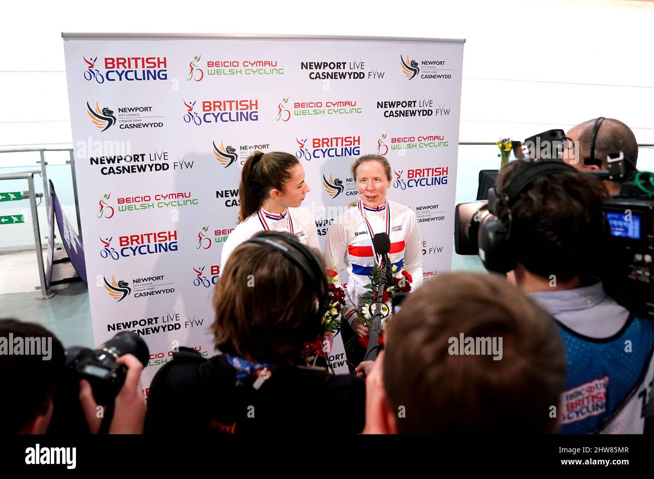Lora Fachie MBE (right) and pilot Georgia Holt are interviewed after winning the Tandem Sprint Championship during day two of the HSBC UK National Track Championships at the Geraint Thomas National Velodrome, Newport. Stock Photo