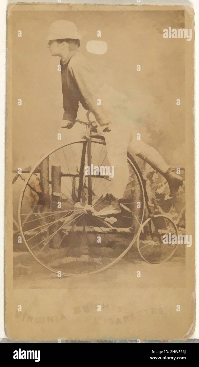 Art inspired by Card 4, from the Girl Cyclists series (N49) for Virginia Brights Cigarettes, 1887, Albumen photograph, Sheet: 2 3/4 x 1 3/8 in. (7 x 3.5 cm), Trade cards from the 'Girl Cyclists' series (N49), issued in 1887 by Allen & Ginter to promote Virginia Brights Cigarettes, Classic works modernized by Artotop with a splash of modernity. Shapes, color and value, eye-catching visual impact on art. Emotions through freedom of artworks in a contemporary way. A timeless message pursuing a wildly creative new direction. Artists turning to the digital medium and creating the Artotop NFT Stock Photo