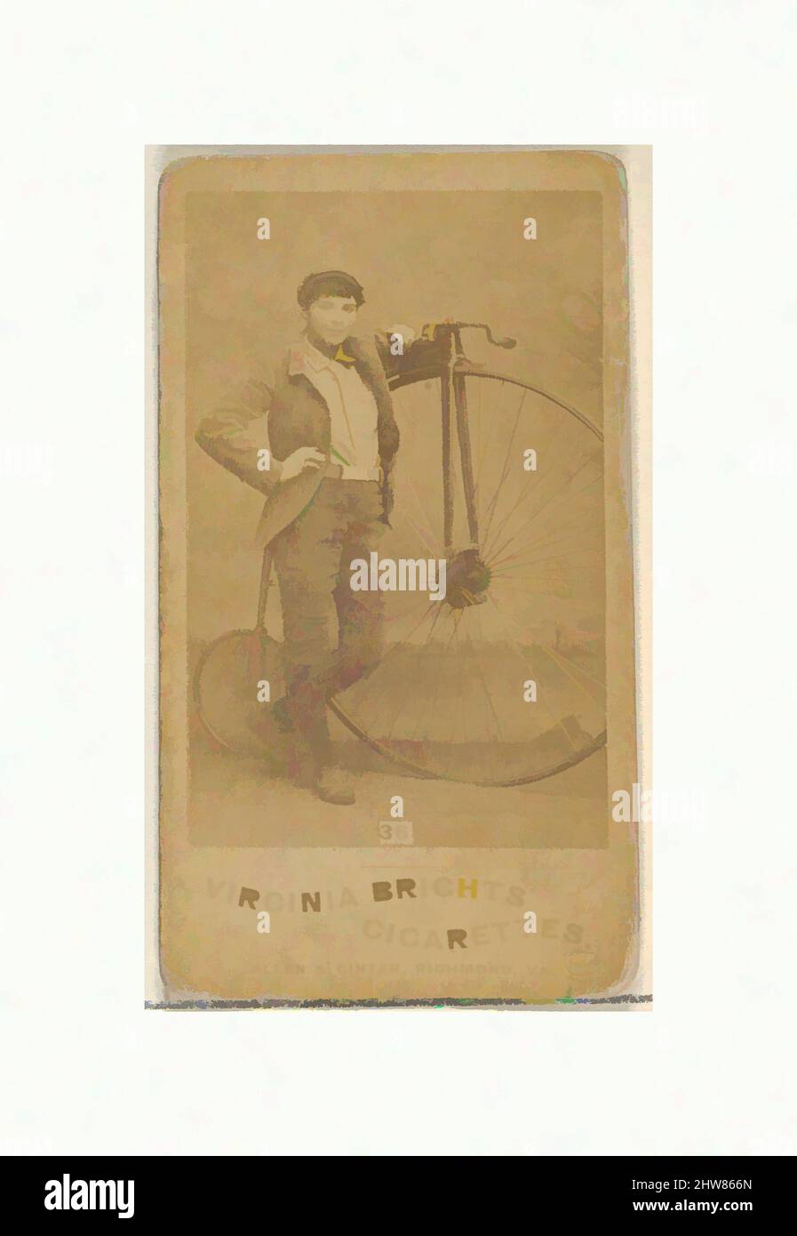 Art inspired by Card 36, from the Girl Cyclists series (N49) for Virginia Brights Cigarettes, 1887, Albumen photograph, Sheet: 2 3/4 x 1 3/8 in. (7 x 3.5 cm), Trade cards from the 'Girl Cyclists' series (N49), issued in 1887 by Allen & Ginter to promote Virginia Brights Cigarettes, Classic works modernized by Artotop with a splash of modernity. Shapes, color and value, eye-catching visual impact on art. Emotions through freedom of artworks in a contemporary way. A timeless message pursuing a wildly creative new direction. Artists turning to the digital medium and creating the Artotop NFT Stock Photo