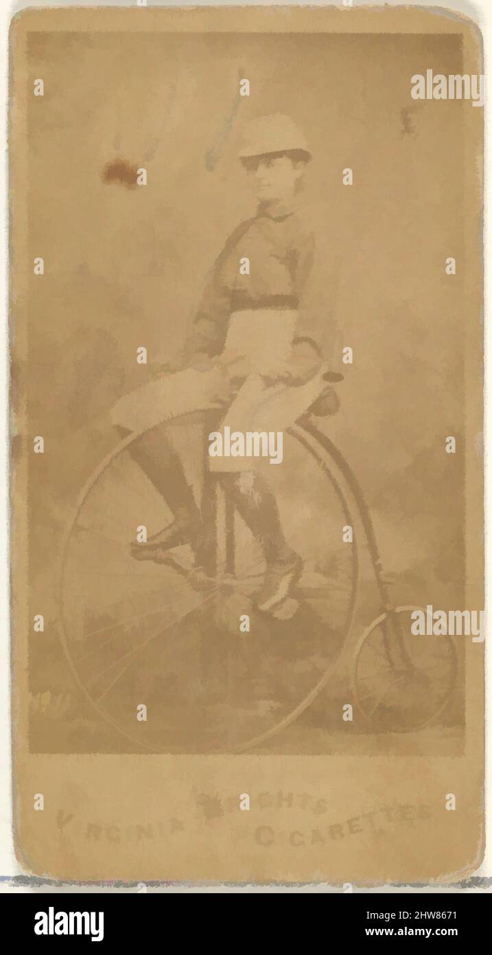 Art inspired by Card 11, from the Girl Cyclists series (N49) for Virginia Brights Cigarettes, 1887, Albumen photograph, Sheet: 2 3/4 x 1 3/8 in. (7 x 3.5 cm), Trade cards from the 'Girl Cyclists' series (N49), issued in 1887 by Allen & Ginter to promote Virginia Brights Cigarettes, Classic works modernized by Artotop with a splash of modernity. Shapes, color and value, eye-catching visual impact on art. Emotions through freedom of artworks in a contemporary way. A timeless message pursuing a wildly creative new direction. Artists turning to the digital medium and creating the Artotop NFT Stock Photo