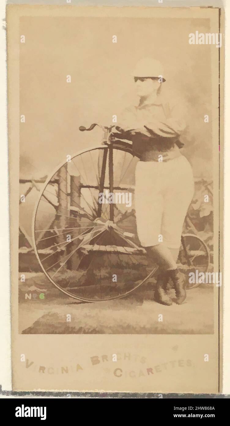 Art inspired by Card 6, from the Girl Cyclists series (N49) for Virginia Brights Cigarettes, 1887, Albumen photograph, Sheet: 2 3/4 x 1 3/8 in. (7 x 3.5 cm), Trade cards from the 'Girl Cyclists' series (N49), issued in 1887 by Allen & Ginter to promote Virginia Brights Cigarettes, Classic works modernized by Artotop with a splash of modernity. Shapes, color and value, eye-catching visual impact on art. Emotions through freedom of artworks in a contemporary way. A timeless message pursuing a wildly creative new direction. Artists turning to the digital medium and creating the Artotop NFT Stock Photo
