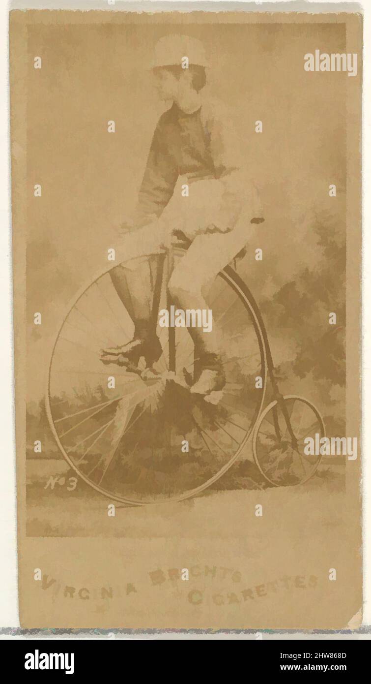 Art inspired by Card 3, from the Girl Cyclists series (N49) for Virginia Brights Cigarettes, 1887, Albumen photograph, Sheet: 2 3/4 x 1 3/8 in. (7 x 3.5 cm), Trade cards from the 'Girl Cyclists' series (N49), issued in 1887 by Allen & Ginter to promote Virginia Brights Cigarettes, Classic works modernized by Artotop with a splash of modernity. Shapes, color and value, eye-catching visual impact on art. Emotions through freedom of artworks in a contemporary way. A timeless message pursuing a wildly creative new direction. Artists turning to the digital medium and creating the Artotop NFT Stock Photo