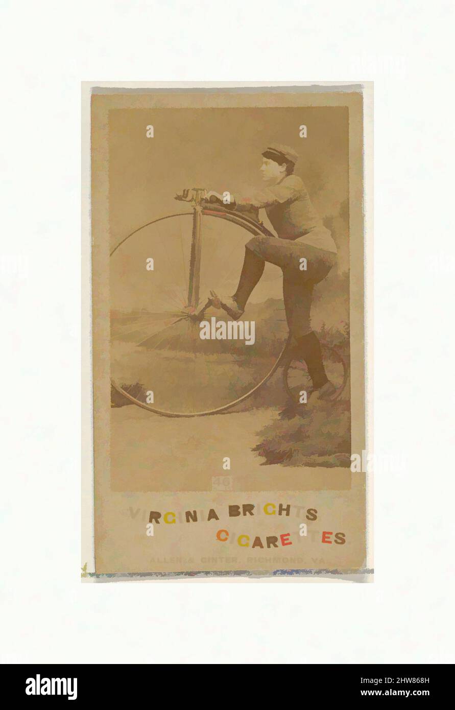 Art inspired by Card 46, from the Girl Cyclists series (N49) for Virginia Brights Cigarettes, 1887, Albumen photograph, Sheet: 2 3/4 x 1 3/8 in. (7 x 3.5 cm), Trade cards from the 'Girl Cyclists' series (N49), issued in 1887 by Allen & Ginter to promote Virginia Brights Cigarettes, Classic works modernized by Artotop with a splash of modernity. Shapes, color and value, eye-catching visual impact on art. Emotions through freedom of artworks in a contemporary way. A timeless message pursuing a wildly creative new direction. Artists turning to the digital medium and creating the Artotop NFT Stock Photo