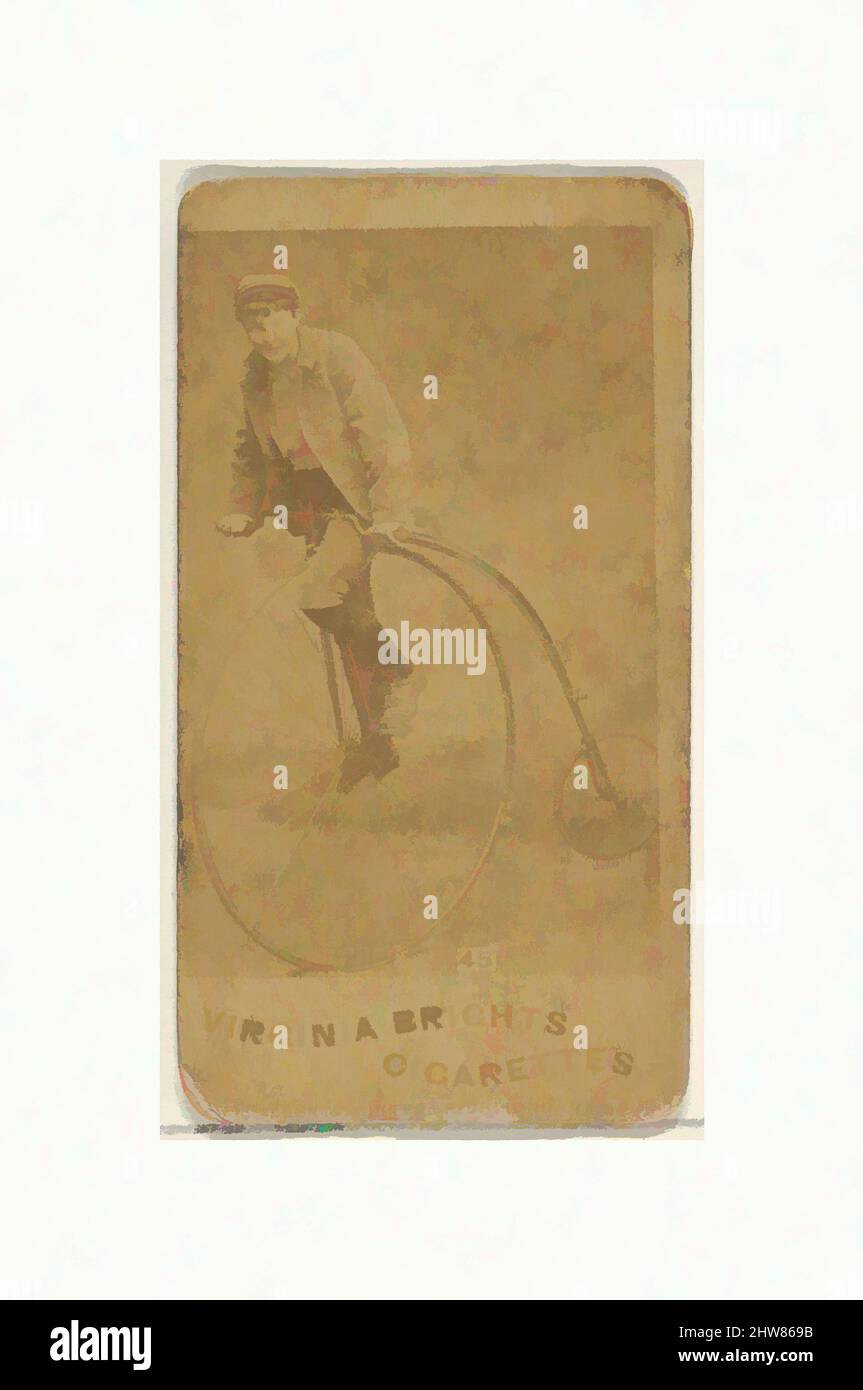 Art inspired by Card 45, from the Girl Cyclists series (N49) for Virginia Brights Cigarettes, 1887, Albumen photograph, Sheet: 2 3/4 x 1 3/8 in. (7 x 3.5 cm), Trade cards from the 'Girl Cyclists' series (N49), issued in 1887 by Allen & Ginter to promote Virginia Brights Cigarettes, Classic works modernized by Artotop with a splash of modernity. Shapes, color and value, eye-catching visual impact on art. Emotions through freedom of artworks in a contemporary way. A timeless message pursuing a wildly creative new direction. Artists turning to the digital medium and creating the Artotop NFT Stock Photo