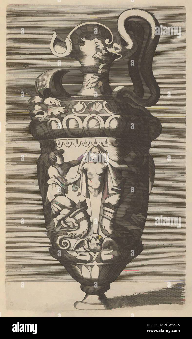 Art inspired by Vase with Two Winged Figures Draping a Term, 17th century (late), Engraving, Plate: 7 1/2 x 4 7/16 in. (19.1 x 11.3 cm), Depiction of a vase or ewer. The vase is covered by a lid and has one handle, shaped like a hybrid bird-like creature. The body of the vase is, Classic works modernized by Artotop with a splash of modernity. Shapes, color and value, eye-catching visual impact on art. Emotions through freedom of artworks in a contemporary way. A timeless message pursuing a wildly creative new direction. Artists turning to the digital medium and creating the Artotop NFT Stock Photo