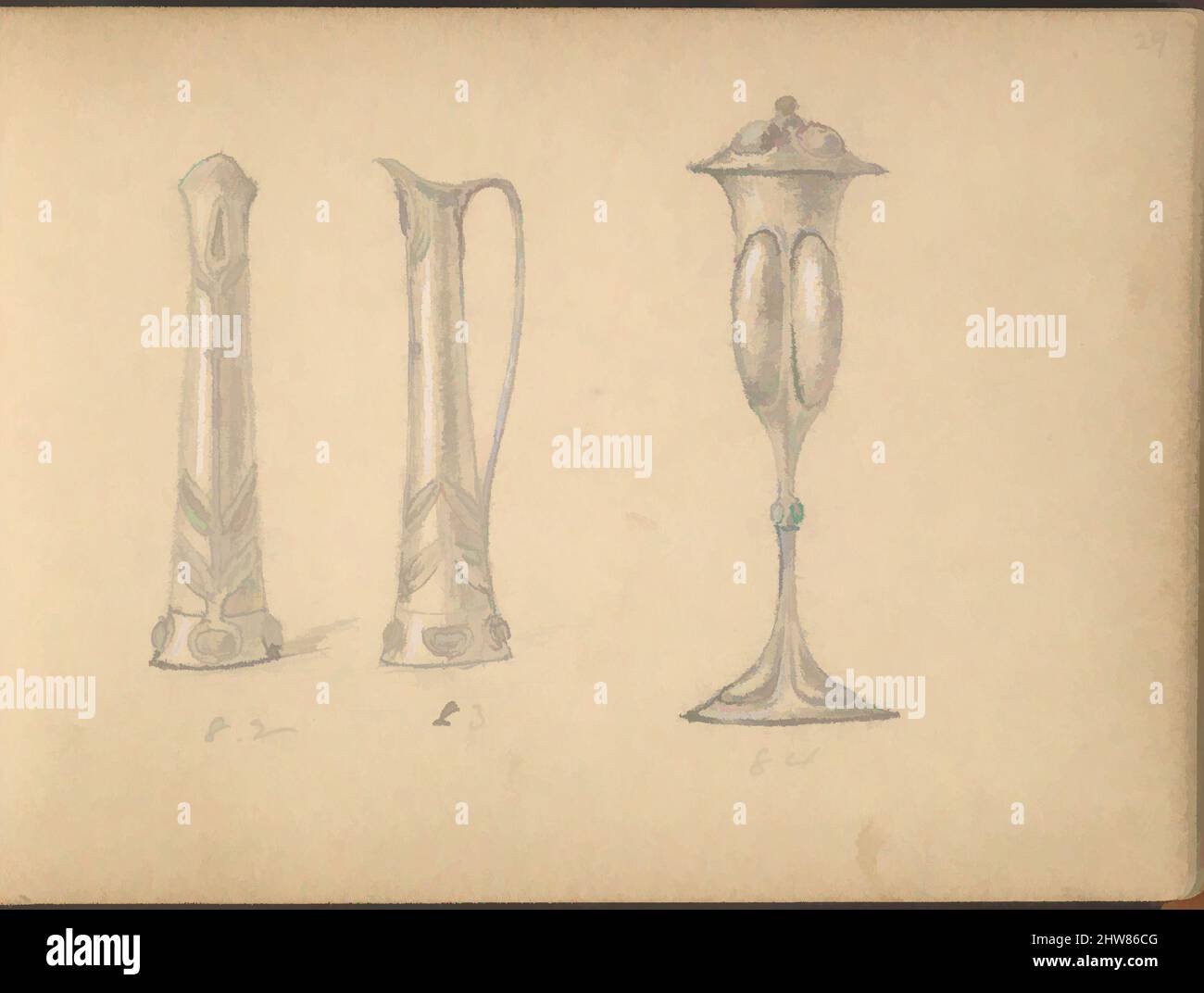 Art inspired by Designs for a Ewer and a Drinking Vessel, 1899–1900, Graphite and gouache, sheet: 3 1/2 x 5 in. (8.9 x 12.7 cm), Edgar Gilstrap Simpson (British, 1867–1945 (presumed)), Page with two designs. On the left an elegant high ewer is portrayed from the front and side. On the, Classic works modernized by Artotop with a splash of modernity. Shapes, color and value, eye-catching visual impact on art. Emotions through freedom of artworks in a contemporary way. A timeless message pursuing a wildly creative new direction. Artists turning to the digital medium and creating the Artotop NFT Stock Photo