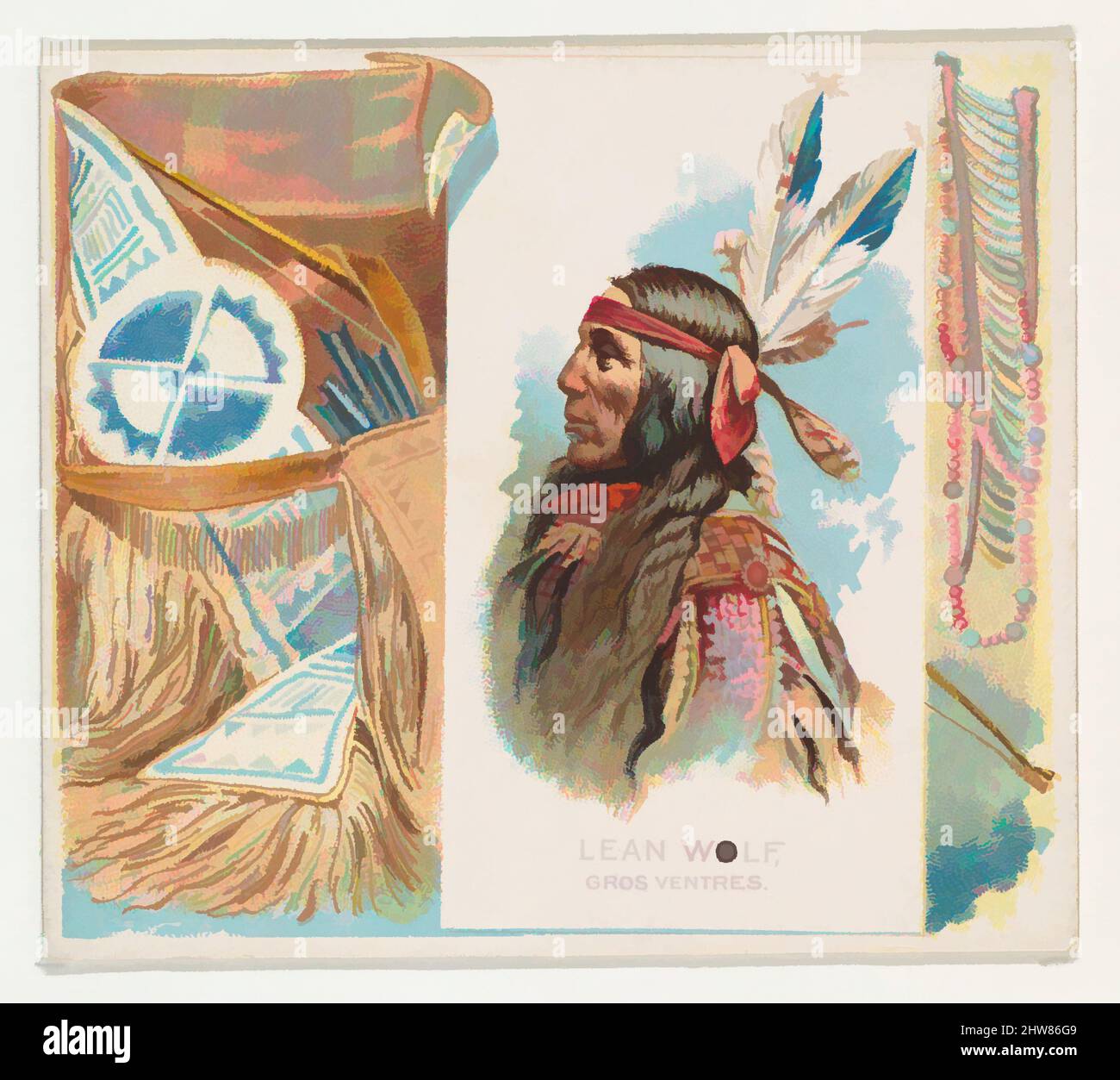 Art inspired by Lean Wolf, Gros Ventres, from the American Indian Chiefs series (N36) for Allen & Ginter Cigarettes, 1888, Commercial color lithograph, Sheet: 2 7/8 x 3 1/4 in. (7.3 x 8.3 cm), Trade cards from the 'American Indian Chiefs' series (N36), issued in 1888 in a set of 50, Classic works modernized by Artotop with a splash of modernity. Shapes, color and value, eye-catching visual impact on art. Emotions through freedom of artworks in a contemporary way. A timeless message pursuing a wildly creative new direction. Artists turning to the digital medium and creating the Artotop NFT Stock Photo