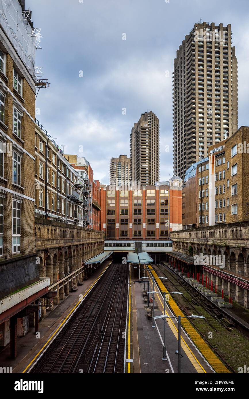 Barbican Tube Station in Central London. Barbican Underground Station was opened in 1865. Stock Photo