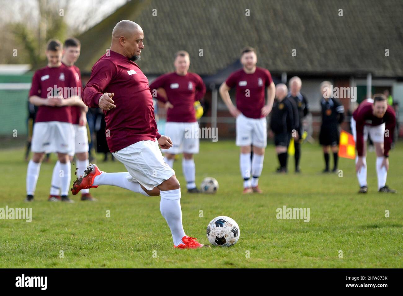 EDITORIAL USE ONLY Former professional footballer, Roberto Carlos comes out of retirement to play a charity match for Sunday league team, Bull in the Barne United after they won the eBay Dream Transfer raffle in aid of youth charity, Football Beyond Borders, Shrewsbury. Picture date: Friday March 4, 2022. Stock Photo